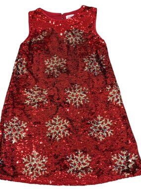 Cat & Jack Girls Red Sequin Holiday Snowflake Dress S 6/6X Sleeveless Polyester